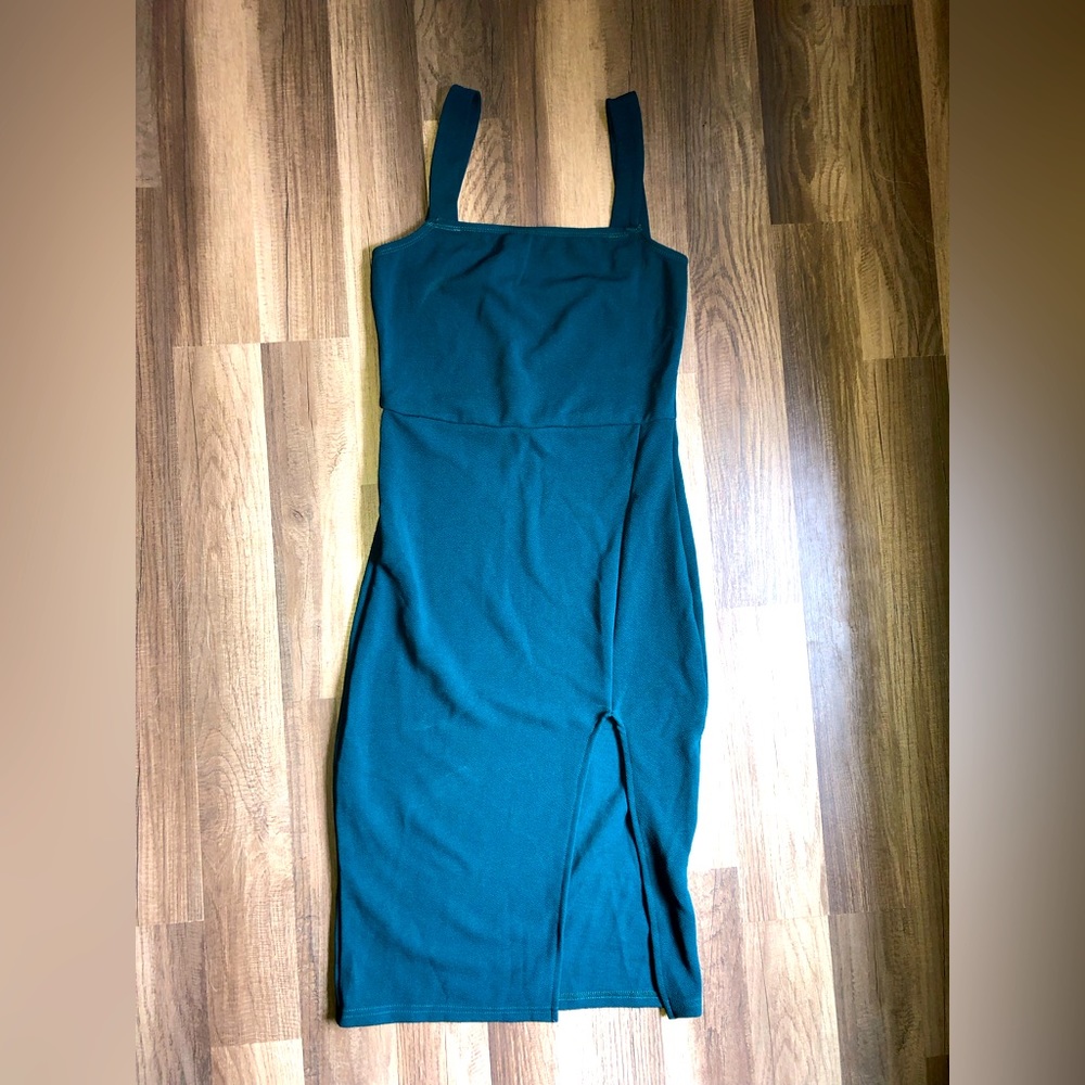 Teal Square Neckline Slitted Body Con Mini Cocktail Club Dress Womens Size Small